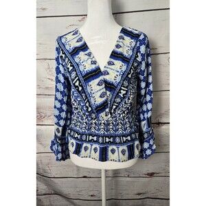 Free People Womens Top Medium Blue Rosalie Wrap Bell Sleeve V-Neck Boho